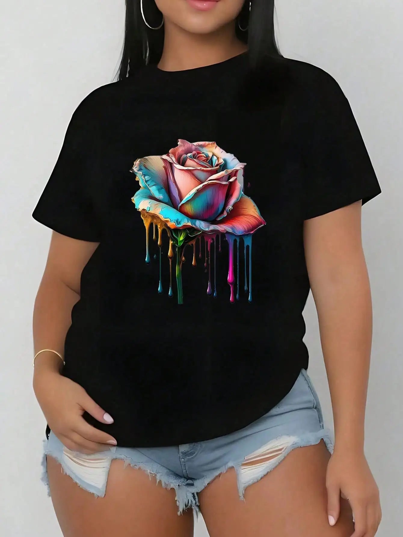 Plus Size Tops Women Clothes Round Neck Summer Outfits Short Sleeved T-shirt Rose Print Graphic Tees Women Tops black
