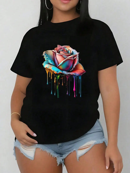 Plus Size Tops Women Clothes Round Neck Summer Outfits Short Sleeved T-shirt Rose Print Graphic Tees Women Tops black