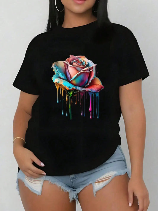 Plus Size Tops Women Clothes Round Neck Summer Outfits Short Sleeved T-shirt Rose Print Graphic Tees Women Tops black