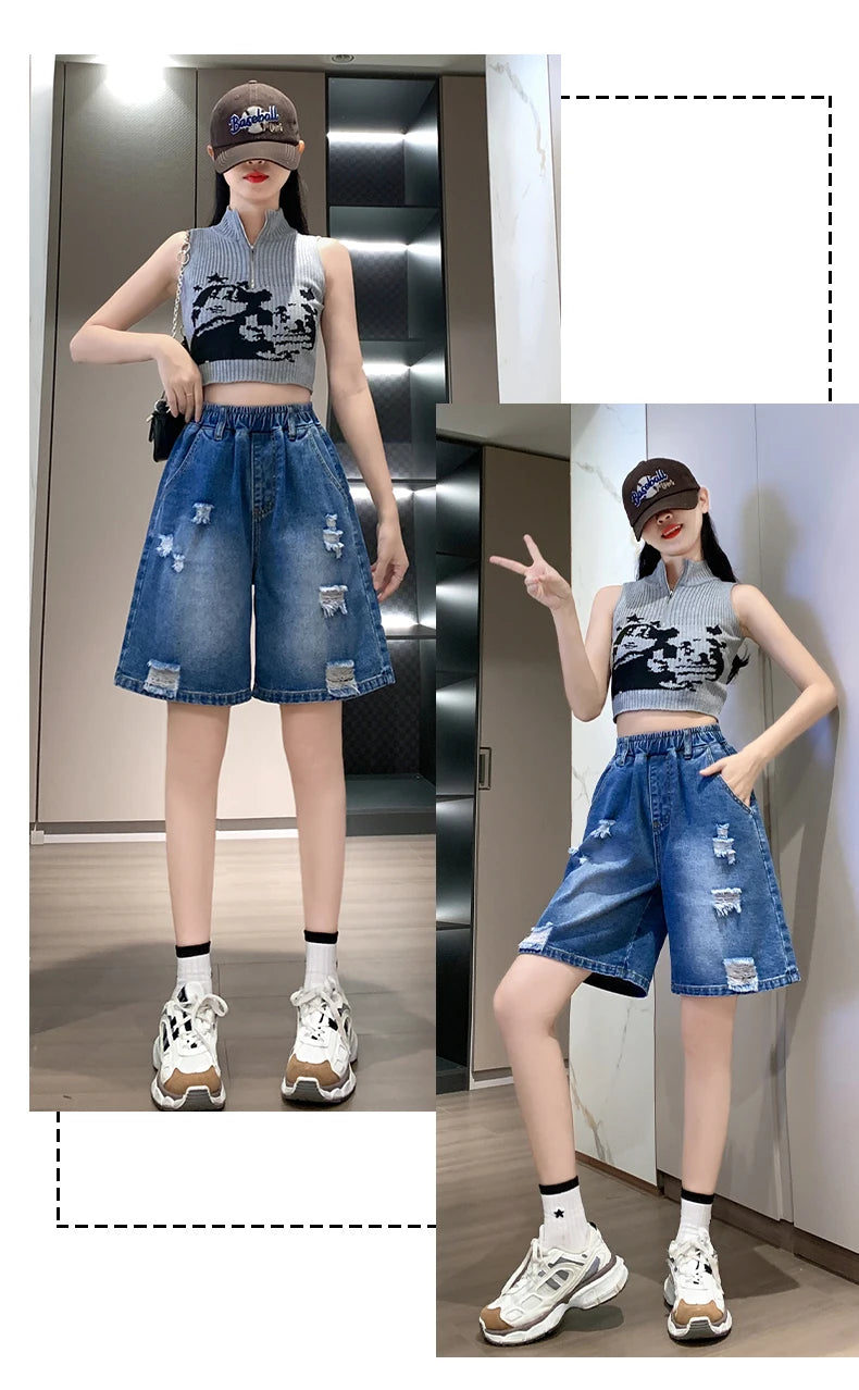 Plus Size Denim Shorts For Women 2024 Summer Wide Leg Loose Blue Jeans Shorts High Elastic Waist Half Length Casual Denim Shorts