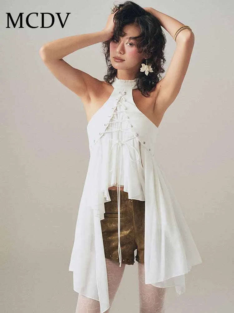 MCDV Mesh Patchwork Irregular Ruffles Vest Women Cross Bandage Elegant O-Neck Sleeveless Slim Tank Tops Y2K Summer Clothes Tees