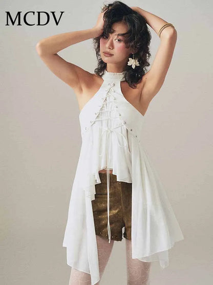 MCDV Mesh Patchwork Irregular Ruffles Vest Women Cross Bandage Elegant O-Neck Sleeveless Slim Tank Tops Y2K Summer Clothes Tees