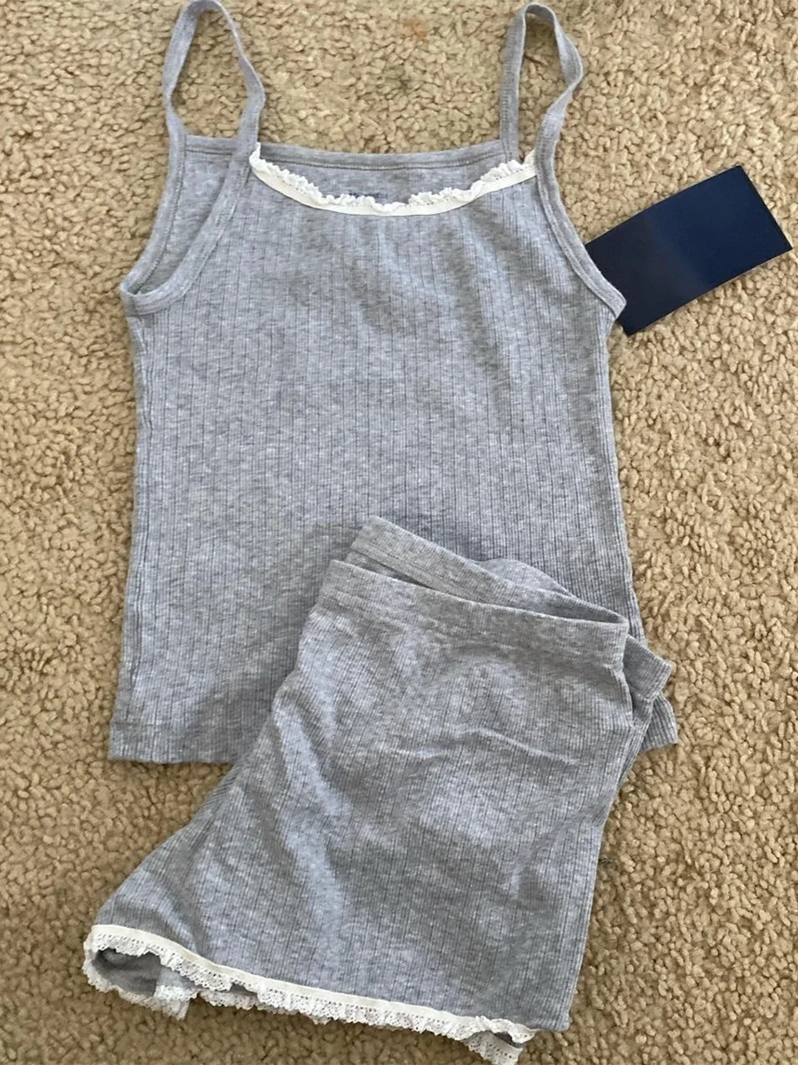 Blue Striped Tank Shorts Pajama Set Women Summer Sleeveless Crop Top+Elastic Waist Straight Short Pant Cotton Home 2 Piece Sets Gray set One Size