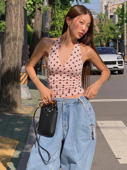 weird Puss Polka Dot Print Vest Women Y2K Lace-Up Backless Halter v-Neck Skinny Summer Trend Daily Street Basic Chic Tank Tops