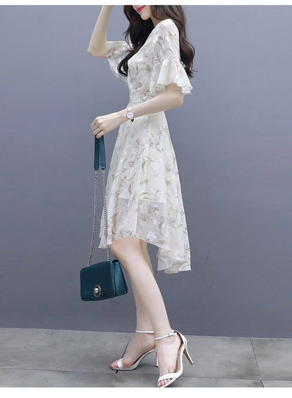 Ele Summer Women's Midi Dr ang Hai Sle Sweet Princ round Ne ort Sve A-Line Skirt Printed Chiffon Dr