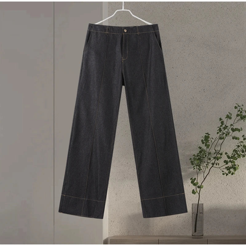 Street Vintage Denim Pants Sets Women Slim Long Sleeve Lapel Single Breasted Jacket Straight Trousers 2025 Autumn Lady Outfits