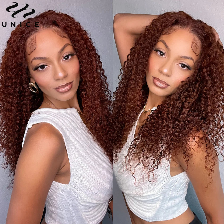 UNice Hair 7x5 Bye Bye Knots Wig Human Hair Reddish Brown Curly Lace Wig Wear Go Glueless Wig Pre Cut Bleached Lace Closure Wig