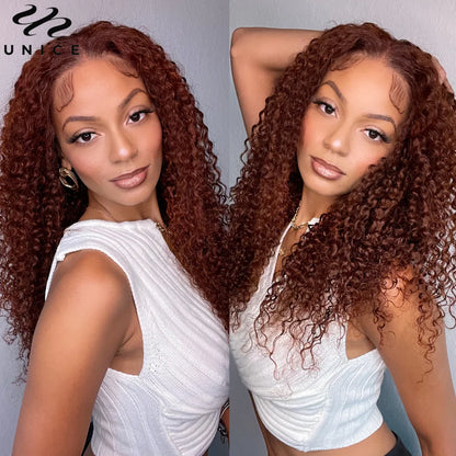 UNice Hair 7x5 Bye Bye Knots Wig Human Hair Reddish Brown Curly Lace Wig Wear Go Glueless Wig Pre Cut Bleached Lace Closure Wig