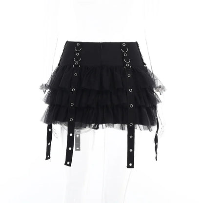 Y2K Street Dark Devil Cloth Strip Pleated Skirt Metallic Buckling Lace Layer Cake Short Skirt Women‘s High-end Design Sex Skirt