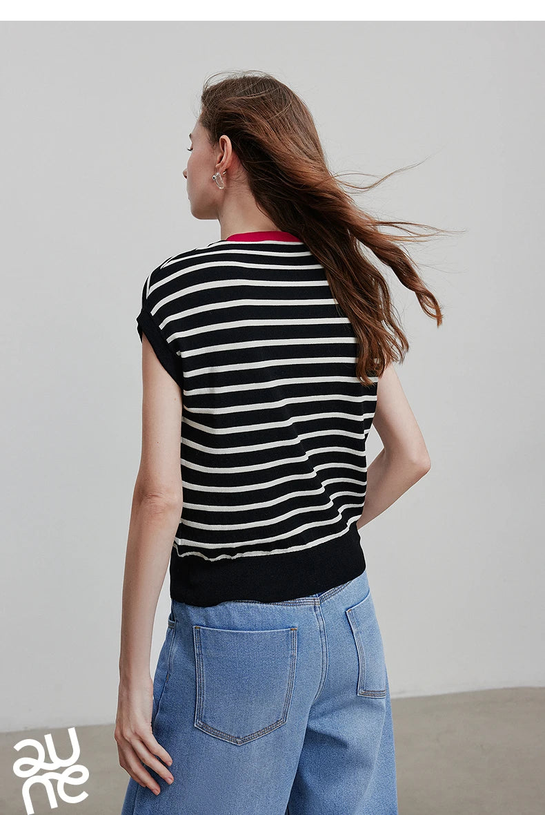 TOYOUTH Women Knitwear 2025 Summer New Short Sleeve Striped Contrast Color Pullover Tops 8523018