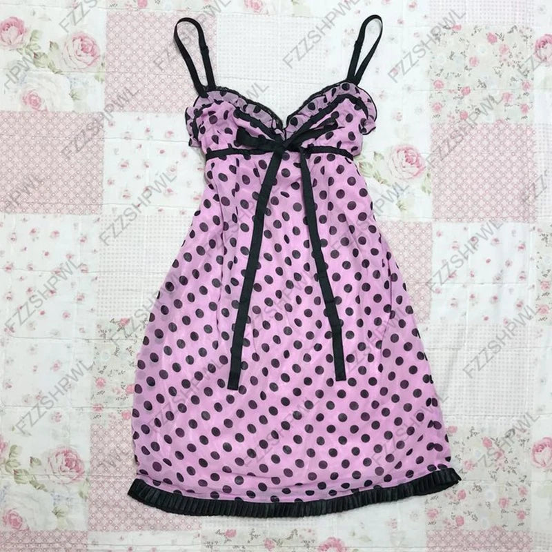 Vintage Stripped Lace Pleated Strap Dress Women Y2k American Short Dresses Fashion Chic Short Sleeve Streetwear Clothing Badiee Stylez