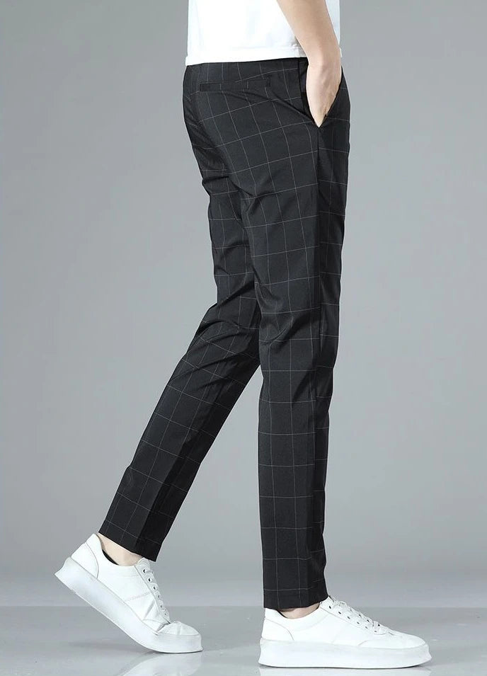 Male Suit Trousers Check Cooling Ice Silk Plaid Straight Up Clothes Offer Slacks Designer Men's Summer Pants Fabric 2024 Classic