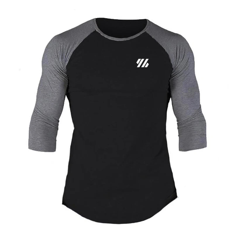 Men's Three Quarter Sleeves Cotton Slim Fit Shirts Fashion Color Contrast Sportswear Gym Bodybuilding Fitness Workout T-Shirts black