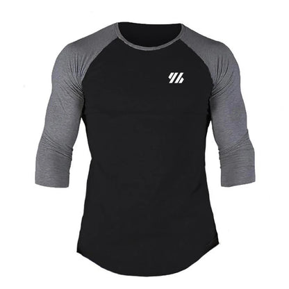 Men's Three Quarter Sleeves Cotton Slim Fit Shirts Fashion Color Contrast Sportswear Gym Bodybuilding Fitness Workout T-Shirts black
