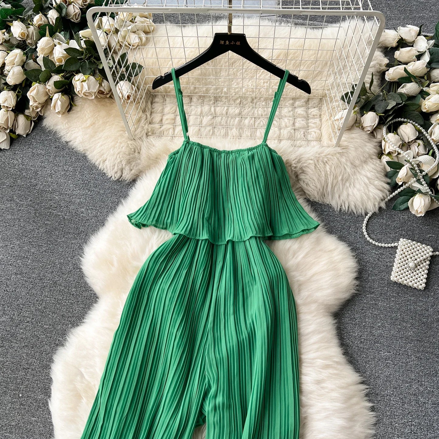 Vacation Loose Jumpsuit Strap Backless Thin Romper Streetwear Women INS One-Piece Outfit Beach Style Pleated Bodysuits