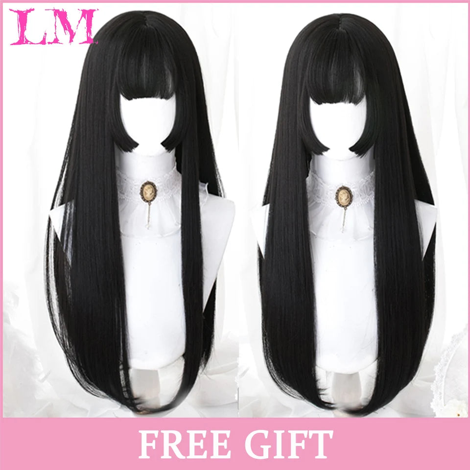 LM Long Silky Straight Synthetic Wigs with Bangs Black Cosplay Party Lolita Hair Wigs for Women Natural Heat Resistant Wig LIANGMO 5