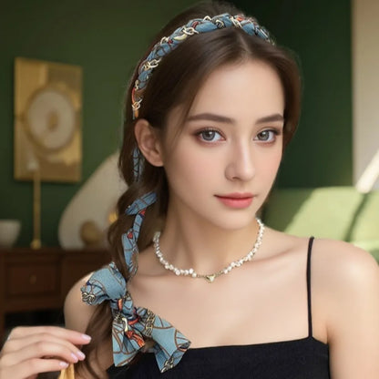 Retro Silk Scarf Headband Floral Print Pearl Braided Hairband Adjustable Bow Non Slip Ribbon Hairband for Women Girls Kid