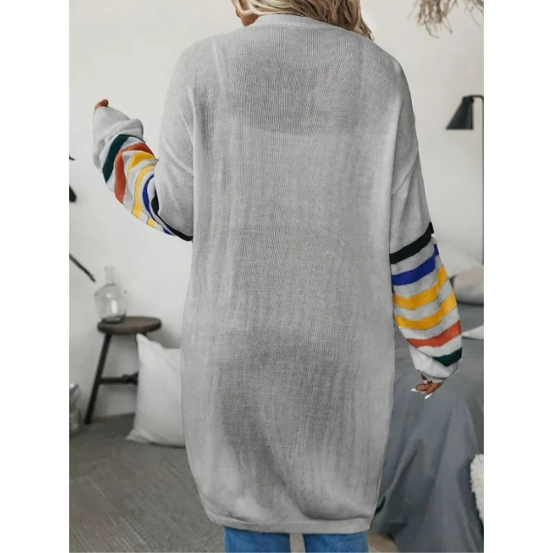 Plus Size Women's Fashionable Sleeve Striped Print Comfortable Elastic Hem Long Cardigan