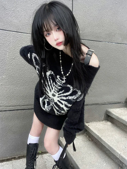 Goth Skull Print Harajuku Sweater Sweater Tops Aesthetic Women's Black Pullover Harajuku Fashion Streetwear Tops 2000 black