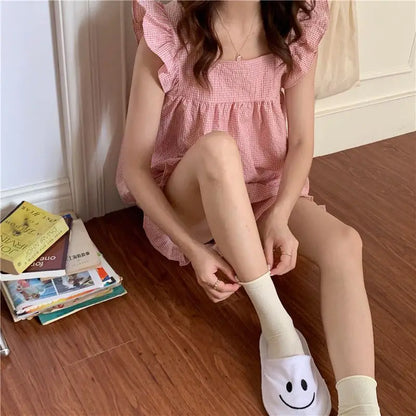 Fly Sleeve Sleepwear Women Pajamas Shorts Set Plaid Korean Kawaii Pijama Night Wear Ruffles Summer Home Suit Cute Sleeping 2024