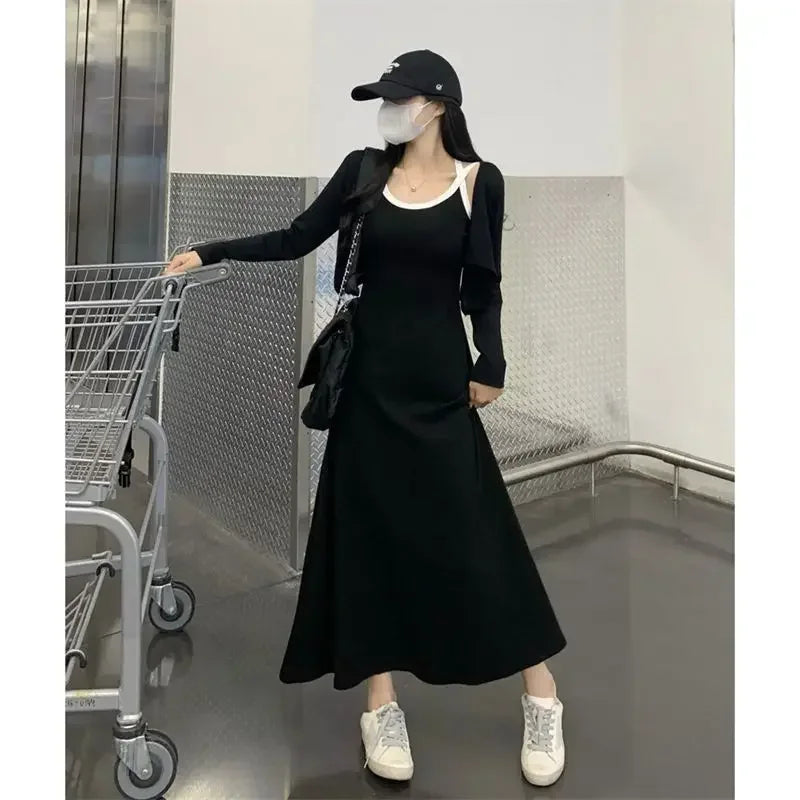 New Fashion Summer Black Loose Slip Dress Off Shoulder Solid Simplicity All-match Sleeveless Dress Temperament Women Clothing