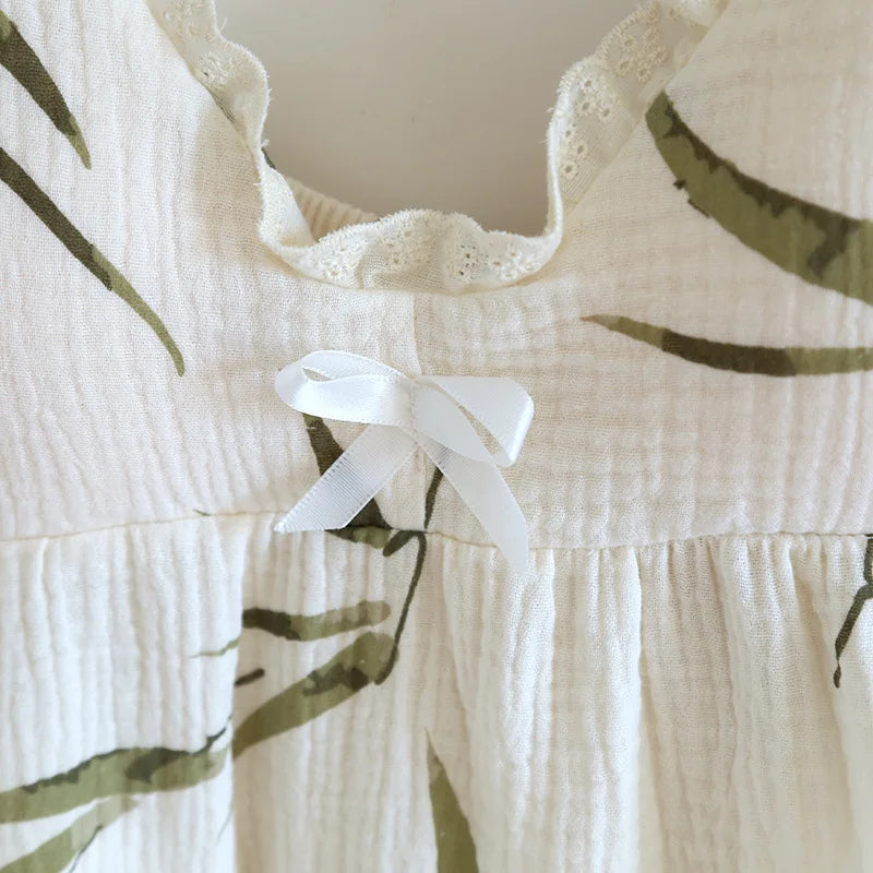 2025 Summer New Women's Two Piece Set of 100% Pure Cotton Crepe Cloth with Chest Cushion Sleepwear Sweet and Cute Home Fury