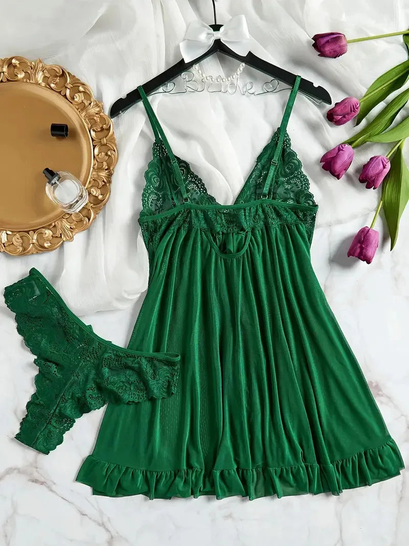 Soft Sheer Nighty Pajamas Hotselling Nightgowns Dark Green Halter Dress Women Sleepwear Sexy Bra Plus Size Nightdress Thong Sets Badiee Stylez