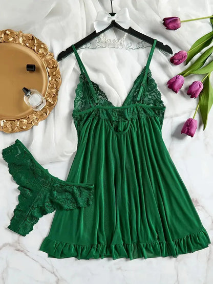 Soft Sheer Nighty Pajamas Hotselling Nightgowns Dark Green Halter Dress Women Sleepwear Sexy Bra Plus Size Nightdress Thong Sets Badiee Stylez