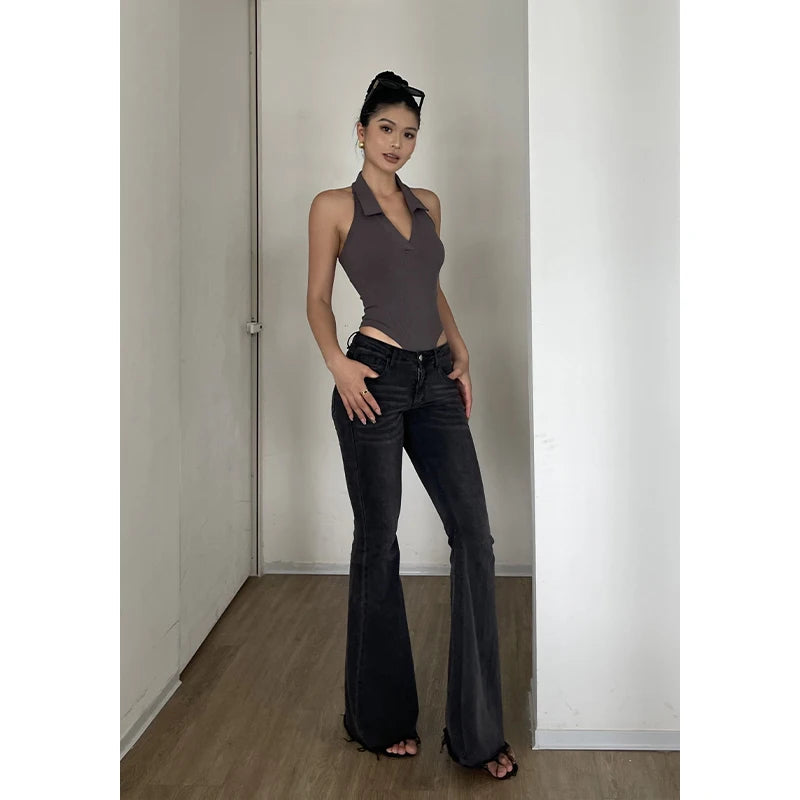 American Style Spicy Girl Sleeveless Polo Neck Solid Bodysuits Women's 2024 Summer New Sexy Backless High Waisted Slim Top Q29N