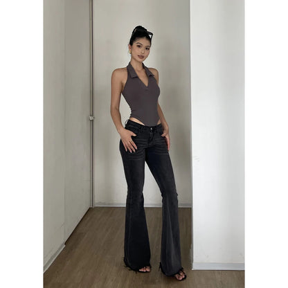 American Style Spicy Girl Sleeveless Polo Neck Solid Bodysuits Women's 2024 Summer New Sexy Backless High Waisted Slim Top Q29N