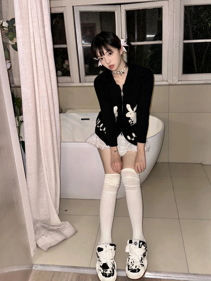 Karrram Japanese Y2k Knit Cardigans Vintage Rabbit Embroidery Zipper Knitwear Harajuku 2000s Korean Knitted Coat Preppy Style