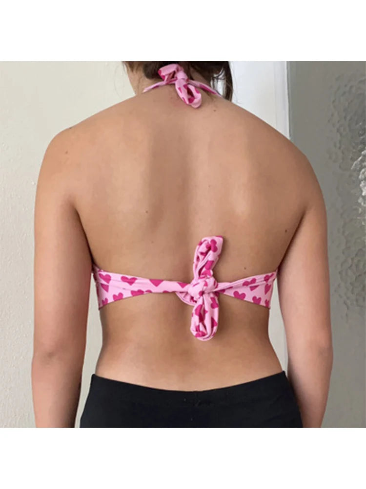 Pink Heart Print Cute Bustier Crop Top Women Aesthetic Kawaii Clothes Sleeveless Backless Lace Up Bralette Camisole