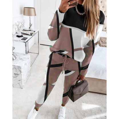 Women Casual Two Piece Sets Fashion Geometric Print O-Neck Long Sleeve Tops and Drawstring Pencil Pants Sets Office Lady Outfits Badiee Stylez