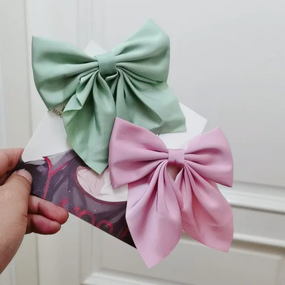 Solid Color Satin Bowknot Hair Clips For Girls Sweet Bow Women Hairpins Butterfly Barrettes Duckbill Clip Kids Hair Accessories 2pcs-Green Pink