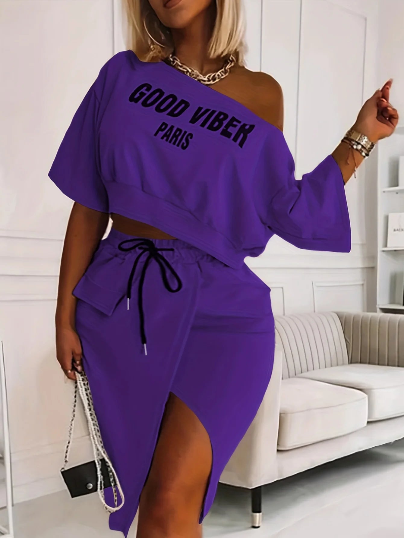 LW Plus Size Two Piece Good Viber One Shoulder Letter Print Set Crop Top+High Split Skirt Elegant Matching Outfits For Women PURPLE