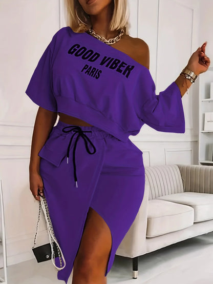 LW Plus Size Two Piece Good Viber One Shoulder Letter Print Set Crop Top+High Split Skirt Elegant Matching Outfits For Women PURPLE