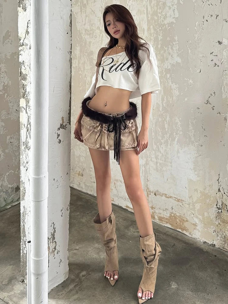 Nibber Loose Letter Print Mini t-Shirt Women Summer Trend Biased Collar Versatile Street Skinny Simple Classic Party Daily Tops