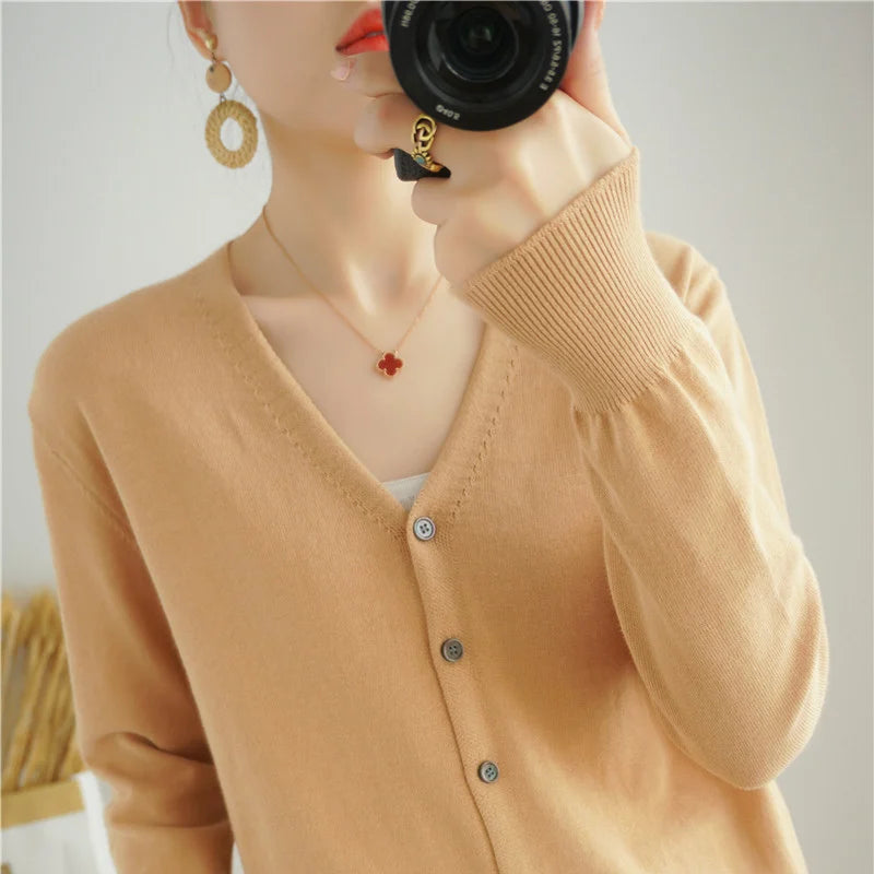 100% Cotton Line Long Sleeve V-Neck Knitted Cardigan Women Loose Short Solid Color Simple Sun Protection SMY K61