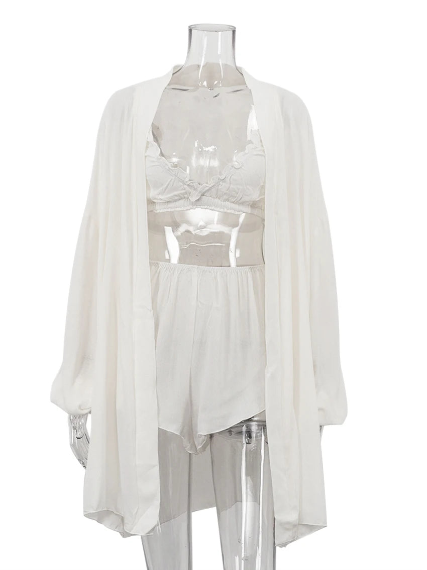 Marthaqiqi Casual Women Nightgowns Set V-Neck Sleepwear Long Sleeve Robe Underwear Shorts White Loose Ladies Pajama 3 Piece Suit