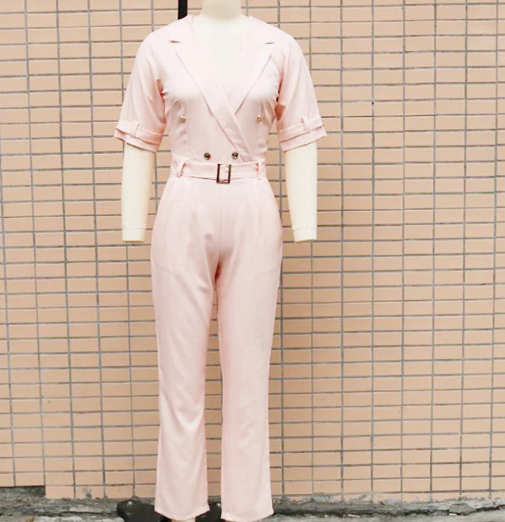 Women Suit Short Sleeve Jumpsuit Slim Fit Fashion Office Lady Spring Summer Elegant Solid Button Sexy High Waist Jumpsuits