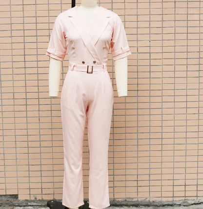 Women Suit Short Sleeve Jumpsuit Slim Fit Fashion Office Lady Spring Summer Elegant Solid Button Sexy High Waist Jumpsuits