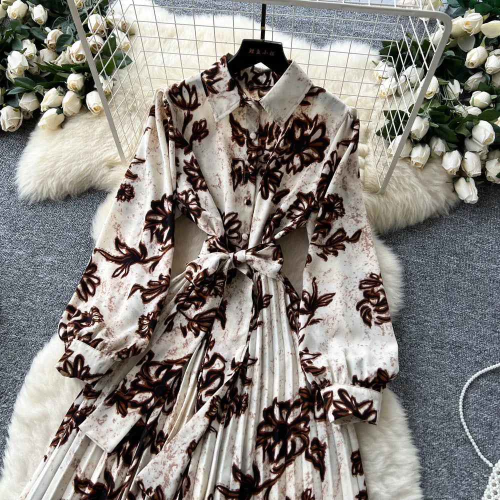 Chic vintage long sleeve turn-down collar button pleated Elegant Fairy korean fashion Boho women clothing Long dress