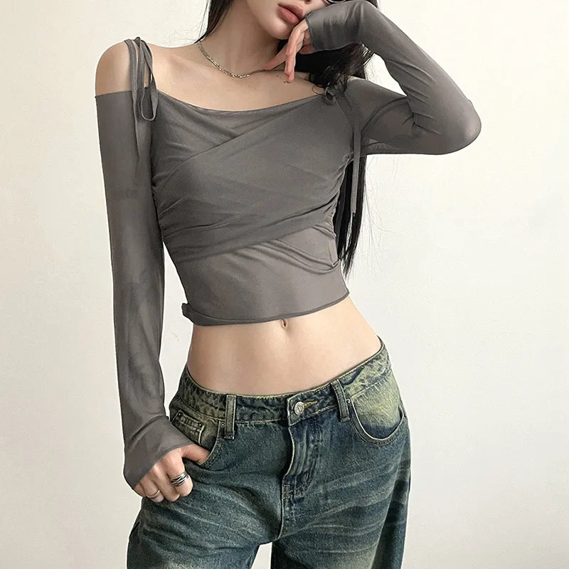 Solid Slash Neck Crop Tops Sexy Off Shoulder Straps Long Sleeve T-Shirts Slim Mesh Tees Y2K Streetwear Women