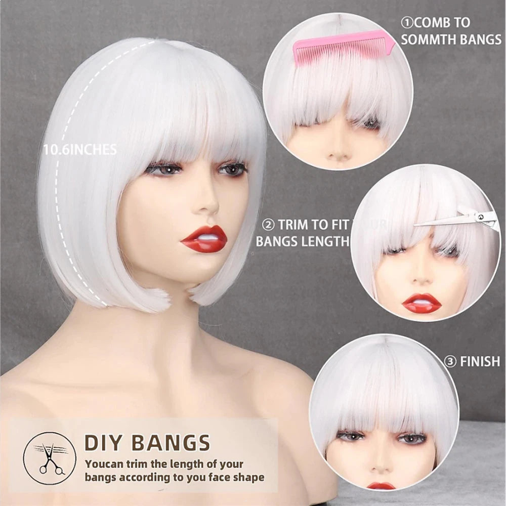 HAIRJOY Women Short Straight White Bob Wig with Bangs Synthetic Hair for Daily Party Cosplay Halloween