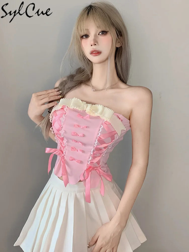 Sylcue Pink Sweet Cool Sexy Tight All-Match Femininity Charm Gorgeous Outer Wear Women'S Street Personality Drawstring Vest