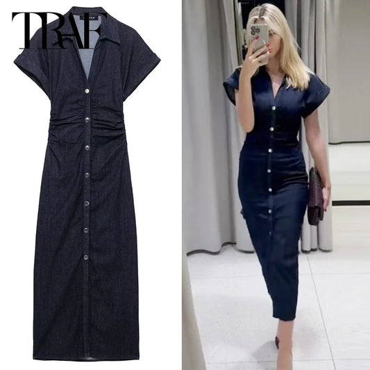 TRAF Womens Denim Dresses Summer 2025 Button Bodycon Blue Dress Ruffled Batwing Sleeve Long Dress Chic Casual Beach Vestidos 066