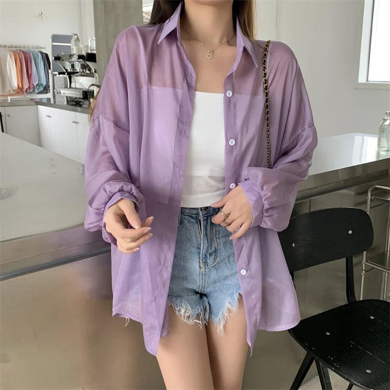 Semi Sheer Long Sleeve Shirt for Women Shimmer Button Down Collared Plain Lightweight Shirt Spring Summer Chic Tops Outfit