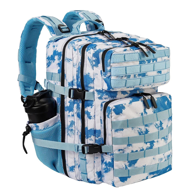 LHI 45L Tactical Backpack for Men and Women Large Athlete Gym Bag Outdoor Sports Hiking Survival Rucksack with Bottle Holder Light Blue tie-dye