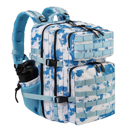 LHI 45L Tactical Backpack for Men and Women Large Athlete Gym Bag Outdoor Sports Hiking Survival Rucksack with Bottle Holder Light Blue tie-dye