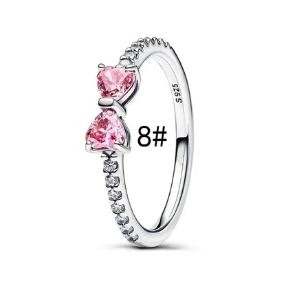 Fine Jewelry Pink Shining Bow Set Ring Earrings Bracelet Necklace Zircon Original 925 Sterling Silver DIY Women DIY Birthdy Gift AMC013003-8